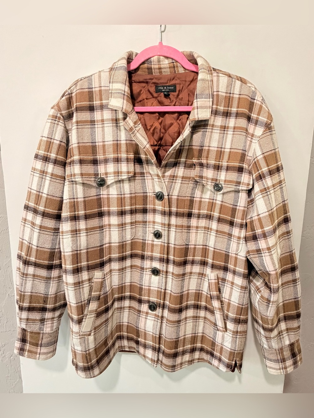 rag & bone Plaid Button Front Utility Shirt Jacket Shacket Camel Tan Size Small